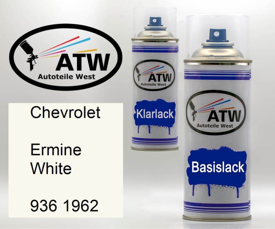 Chevrolet, Ermine White, 936 1962: 400ml Sprühdose + 400ml Klarlack - Set, von ATW Autoteile West.